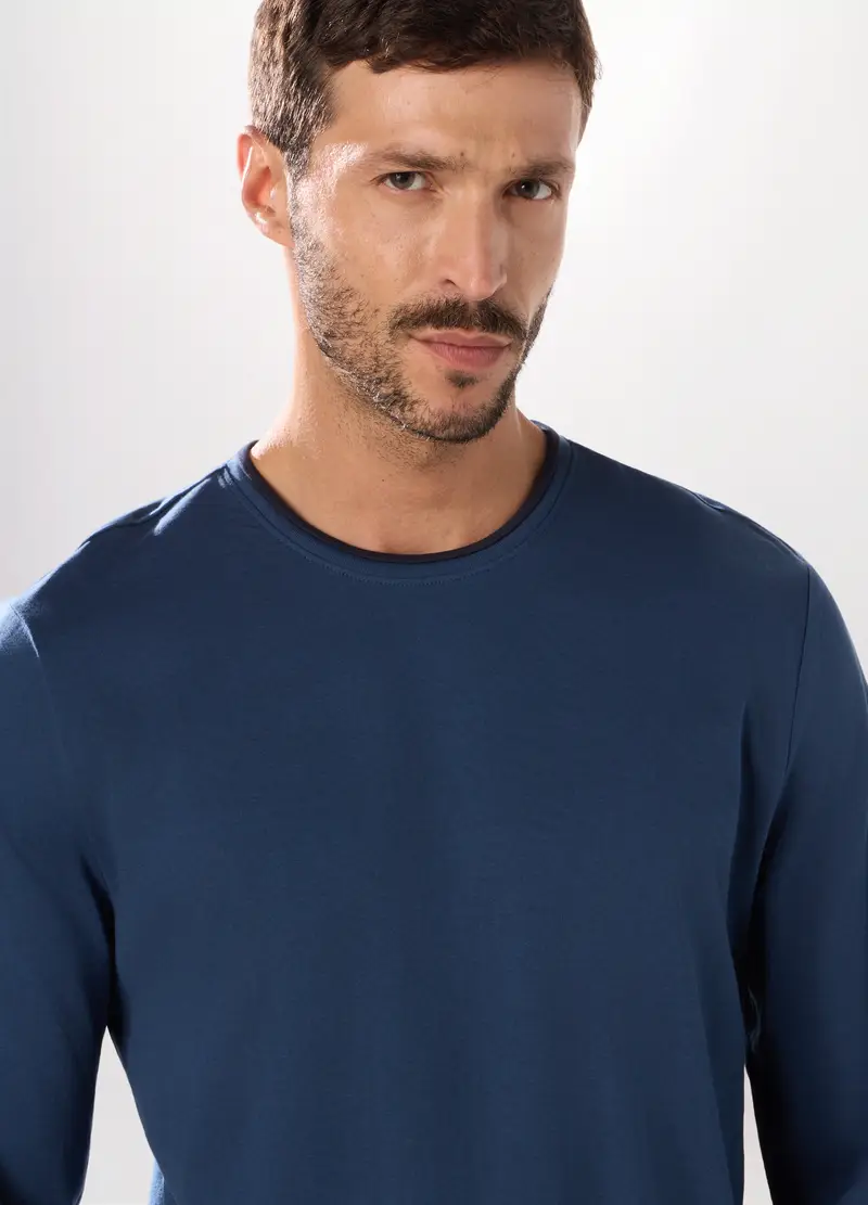 Pigiama Lungo Bicolore In Puro Cotone Uomo, Blu indigo miniatura 3