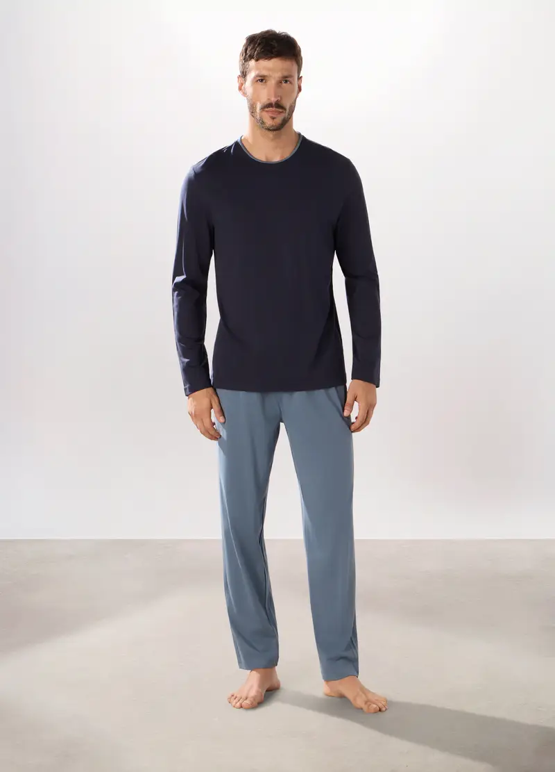 Pigiama Lungo Bicolore In Puro Cotone Uomo, Grigio antracite