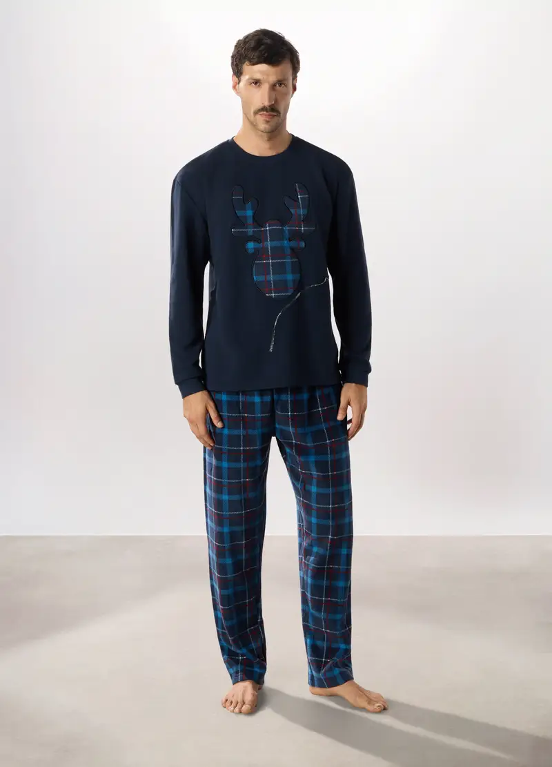 Pigiama Lungo Con Ricamo In Pile Uomo, Blu/Azzurro