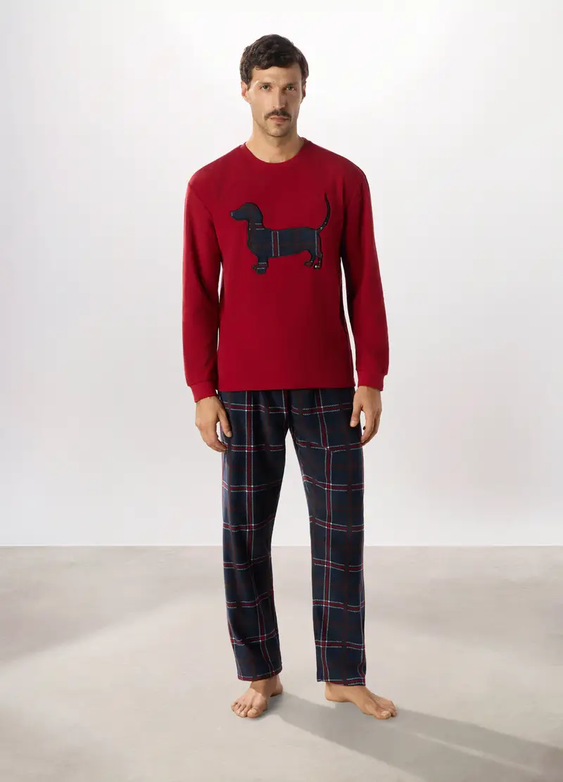 Pigiama Lungo Con Ricamo In Pile Uomo, Rosso/Blu