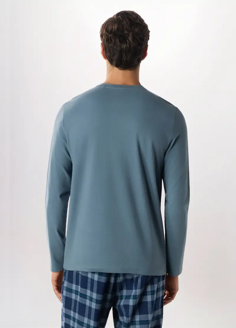 Pigiama Lungo Con Scollo A V In Puro Cotone Uomo, Azzurro celeste miniatura 2