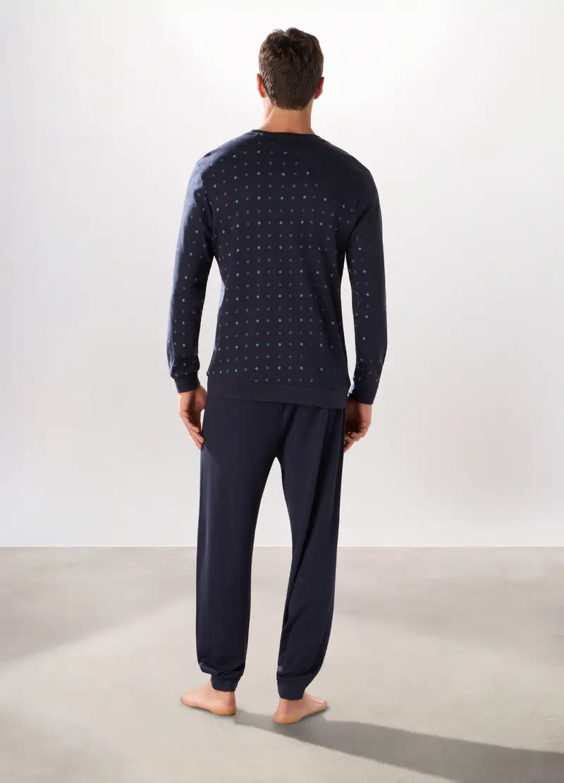 Pigiama Lungo In Cotone Con Stampa Uomo, Blu scuro miniatura 2