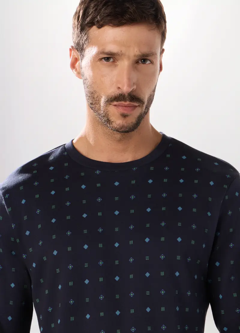Pigiama Lungo In Cotone Con Stampa Uomo, Blu scuro miniatura 3