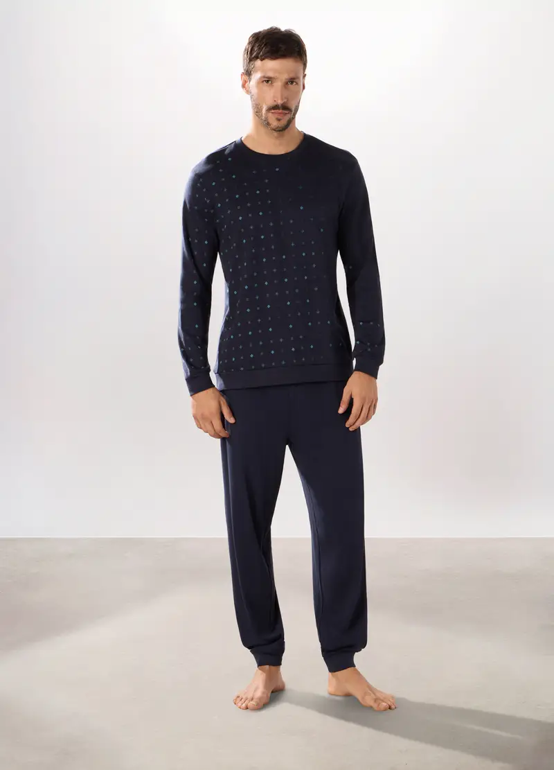 Pigiama Lungo In Cotone Con Stampa Uomo, Blu scuro