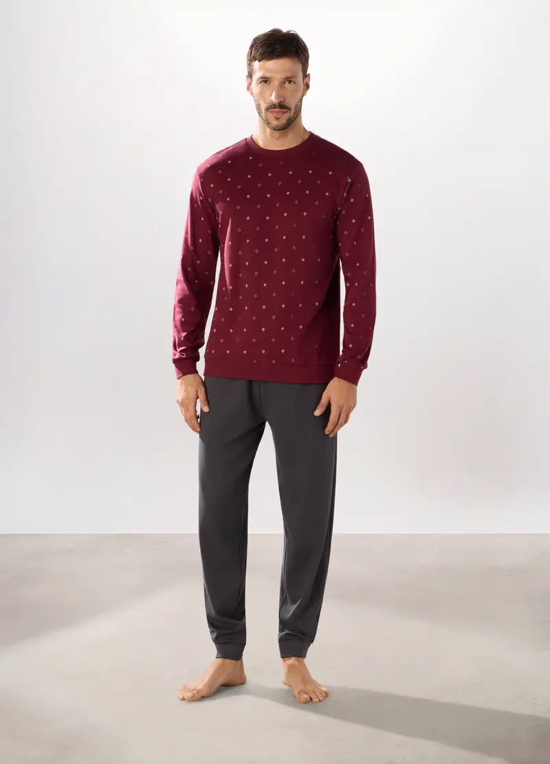 Pigiama Lungo In Cotone Con Stampa Uomo, Grigio/Rosso