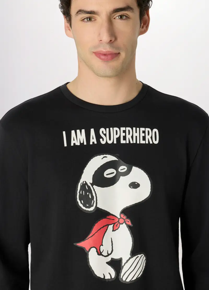 Pigiama Lungo In Felpa Di Cotone Snoopy Uomo, Nero miniatura 3