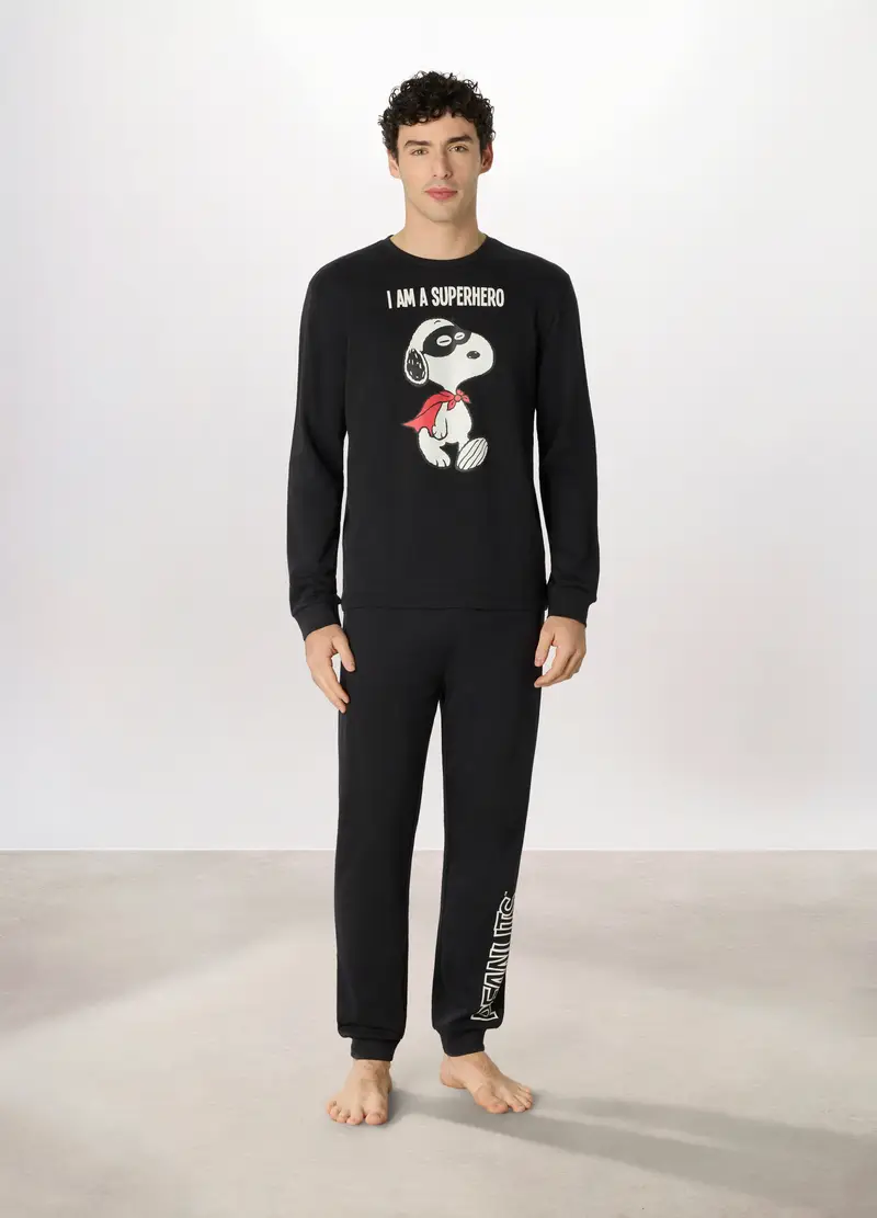 Pigiama Lungo In Felpa Di Cotone Snoopy Uomo, Nero