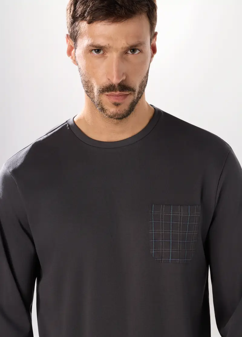 Pigiama Lungo In Interlock A Quadri Uomo, Grigio antracite miniatura 3