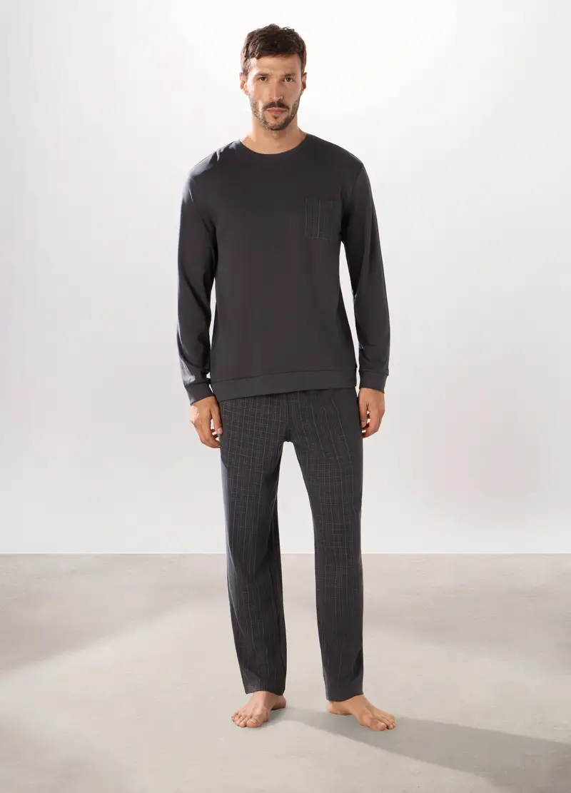Pigiama Lungo In Interlock A Quadri Uomo, Grigio antracite