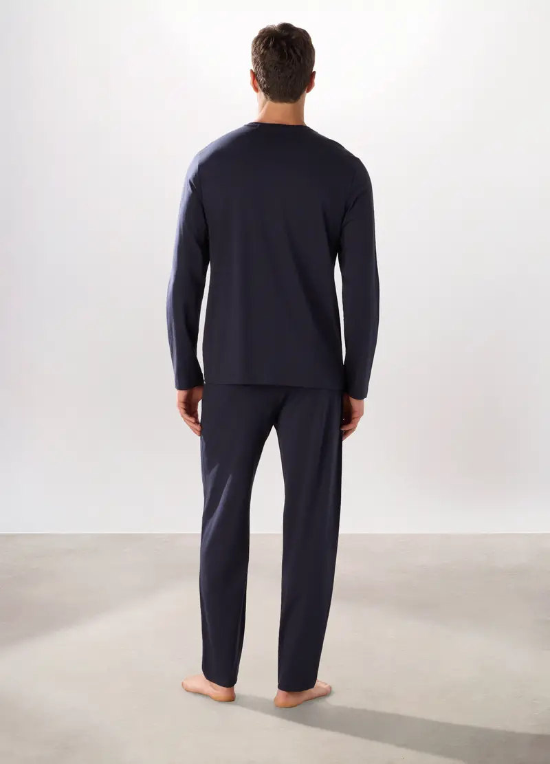 Pigiama Lungo In Jersey Di Puro Cotone Uomo, Blu scuro miniatura 2