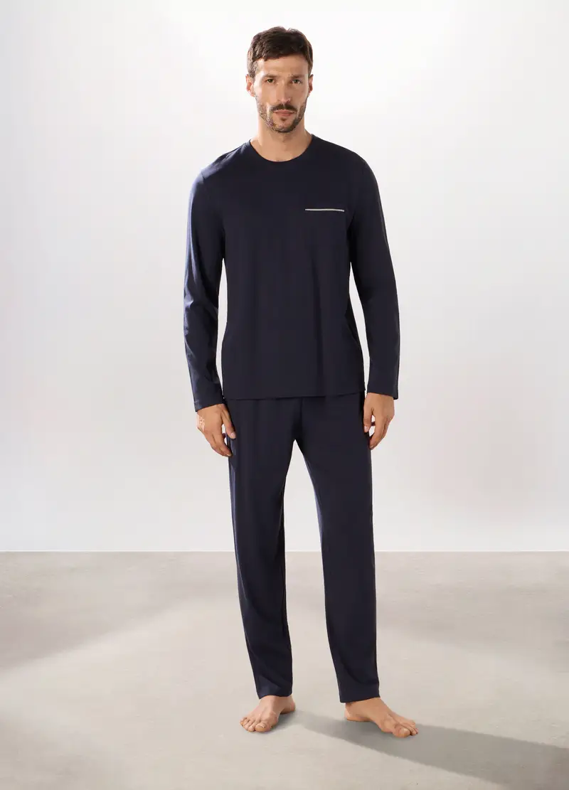 Pigiama Lungo In Jersey Di Puro Cotone Uomo, Blu scuro