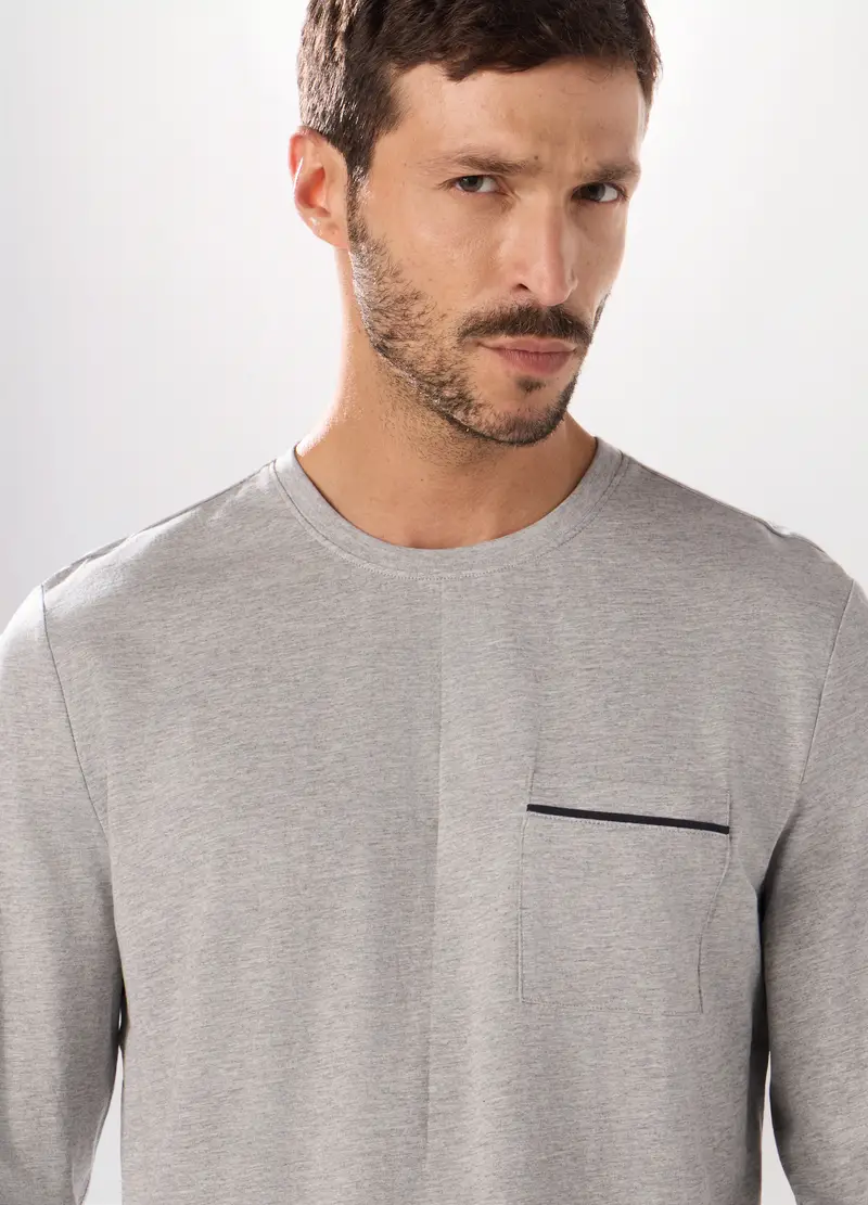 Pigiama Lungo In Jersey Misto Cotone Uomo, Grigio chiaro melange miniatura 3