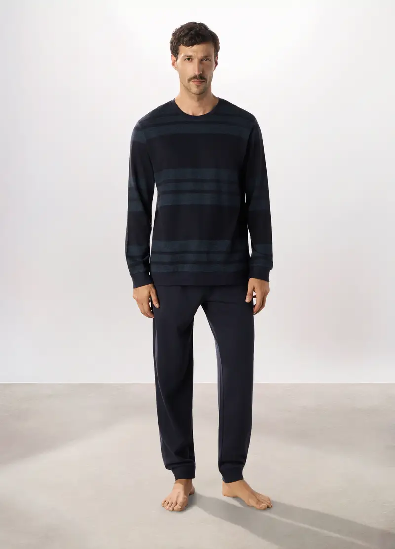 Pigiama Lungo In Misto Cotone A Fantasia Uomo, Blu oceano