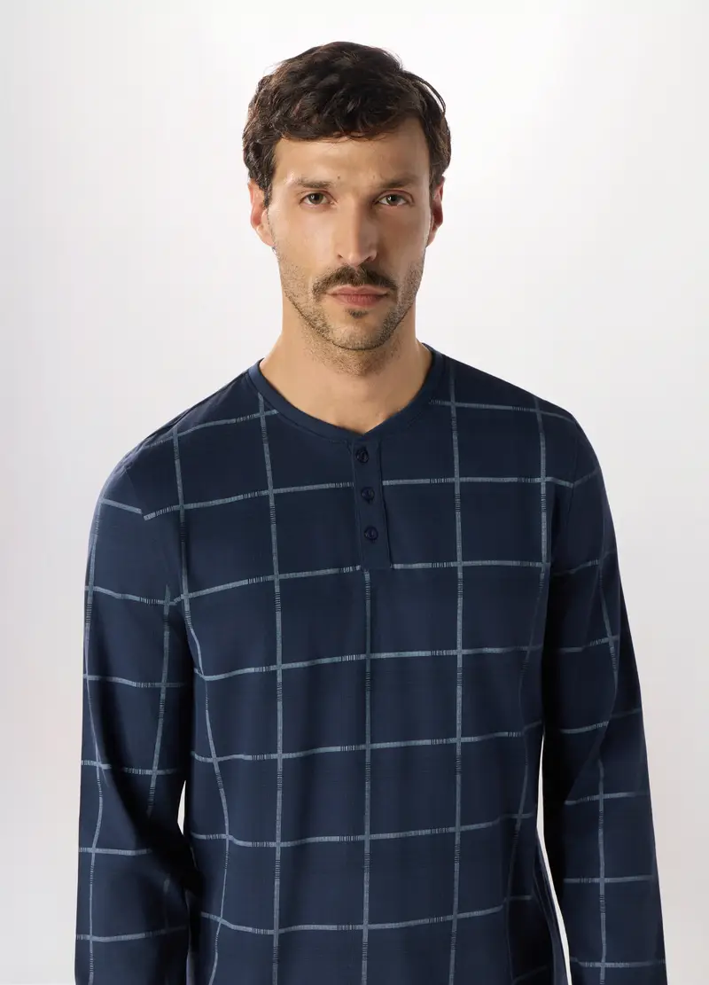 Pigiama Lungo In Puro Cotone A Quadri Uomo, Blu navy miniatura 3