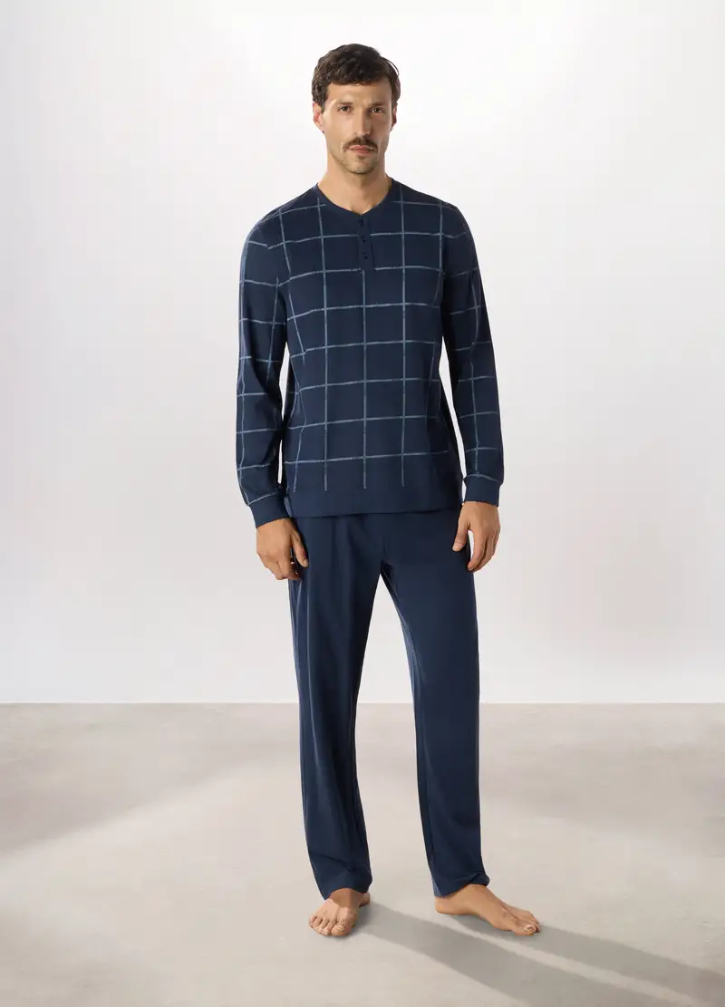 Pigiama Lungo In Puro Cotone A Quadri Uomo, Blu navy