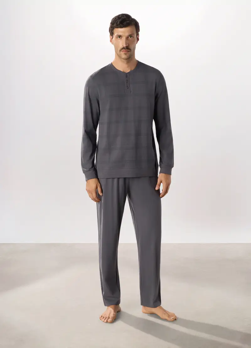 Pigiama Lungo In Puro Cotone A Quadri Uomo, Grigio cemento