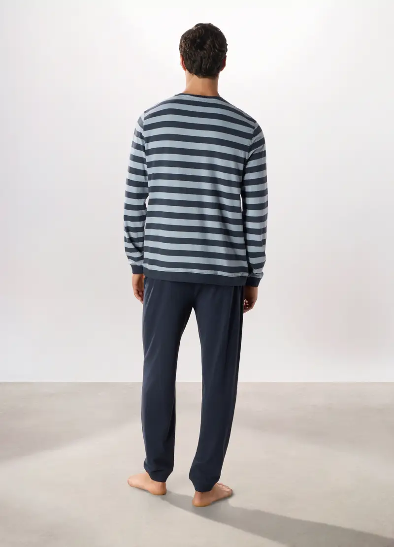 Pigiama Lungo In Puro Cotone A Righe Uomo, Blu/Azzurro miniatura 2