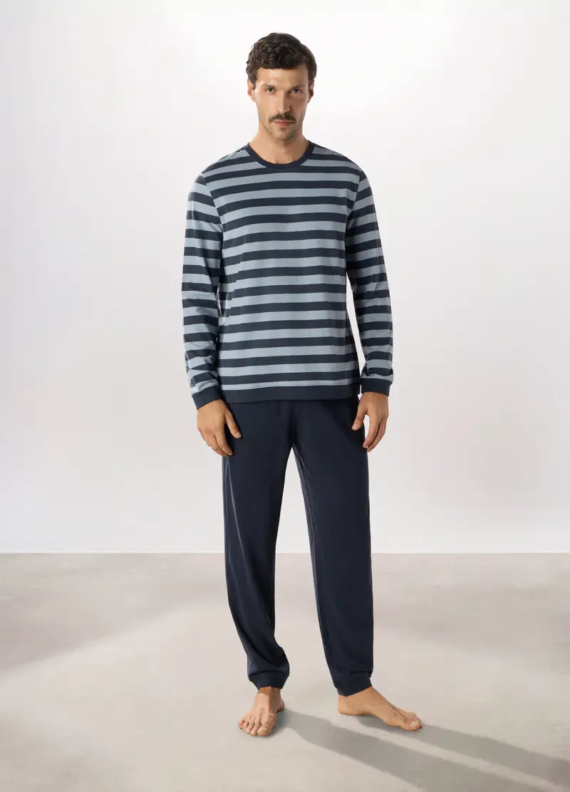 Pigiama Lungo In Puro Cotone A Righe Uomo, Blu/Azzurro