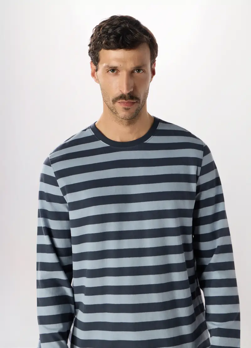 Pigiama Lungo In Puro Cotone A Righe Uomo, Blu/Azzurro miniatura 3