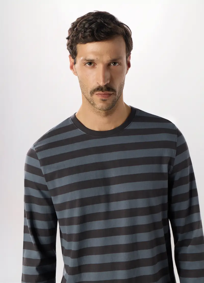 Pigiama Lungo In Puro Cotone A Righe Uomo, Grigio scuro miniatura 3