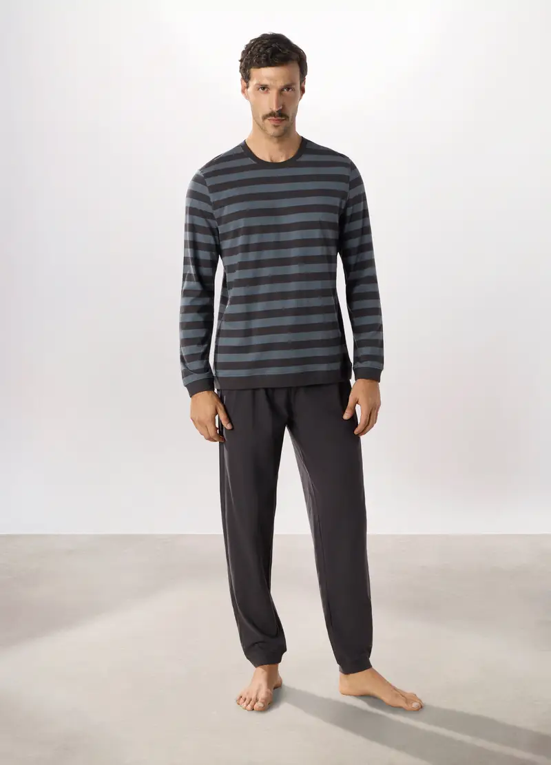 Pigiama Lungo In Puro Cotone A Righe Uomo, Grigio scuro