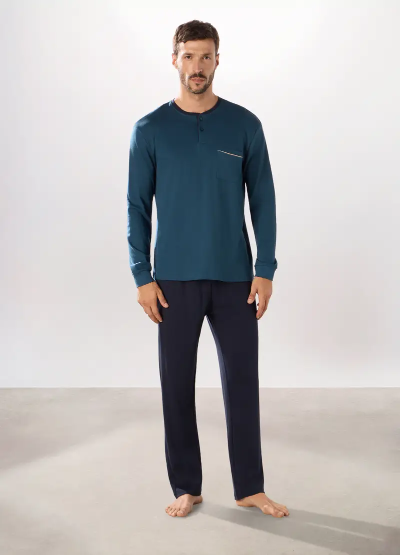 Pigiama Lungo In Puro Cotone Interlock Uomo, Blu indigo
