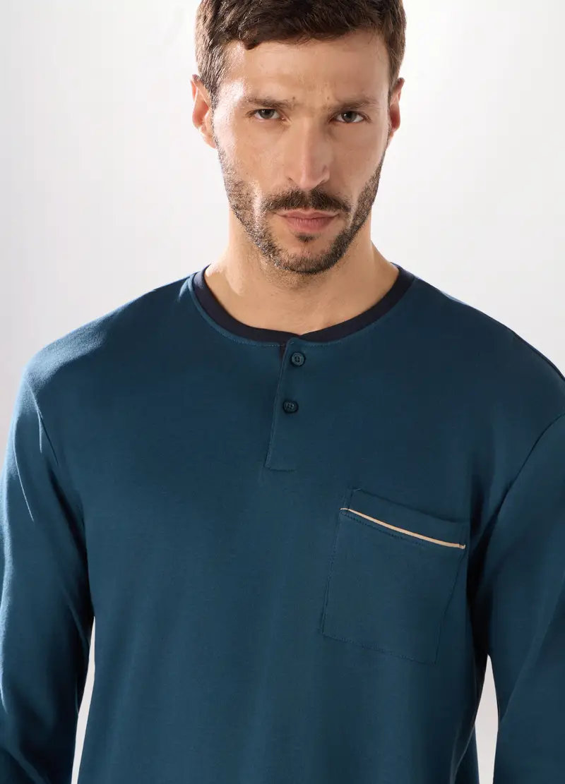 Pigiama Lungo In Puro Cotone Interlock Uomo, Blu indigo miniatura 3