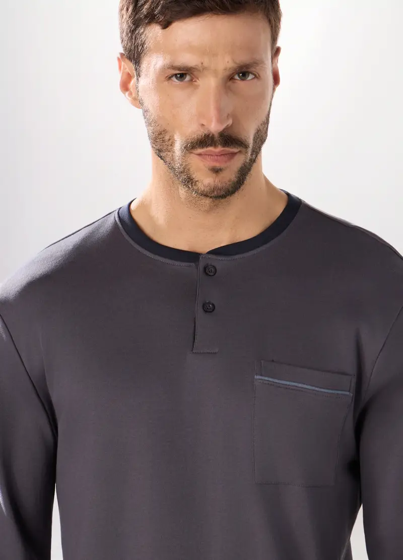 Pigiama Lungo In Puro Cotone Interlock Uomo, Grigio antracite miniatura 3