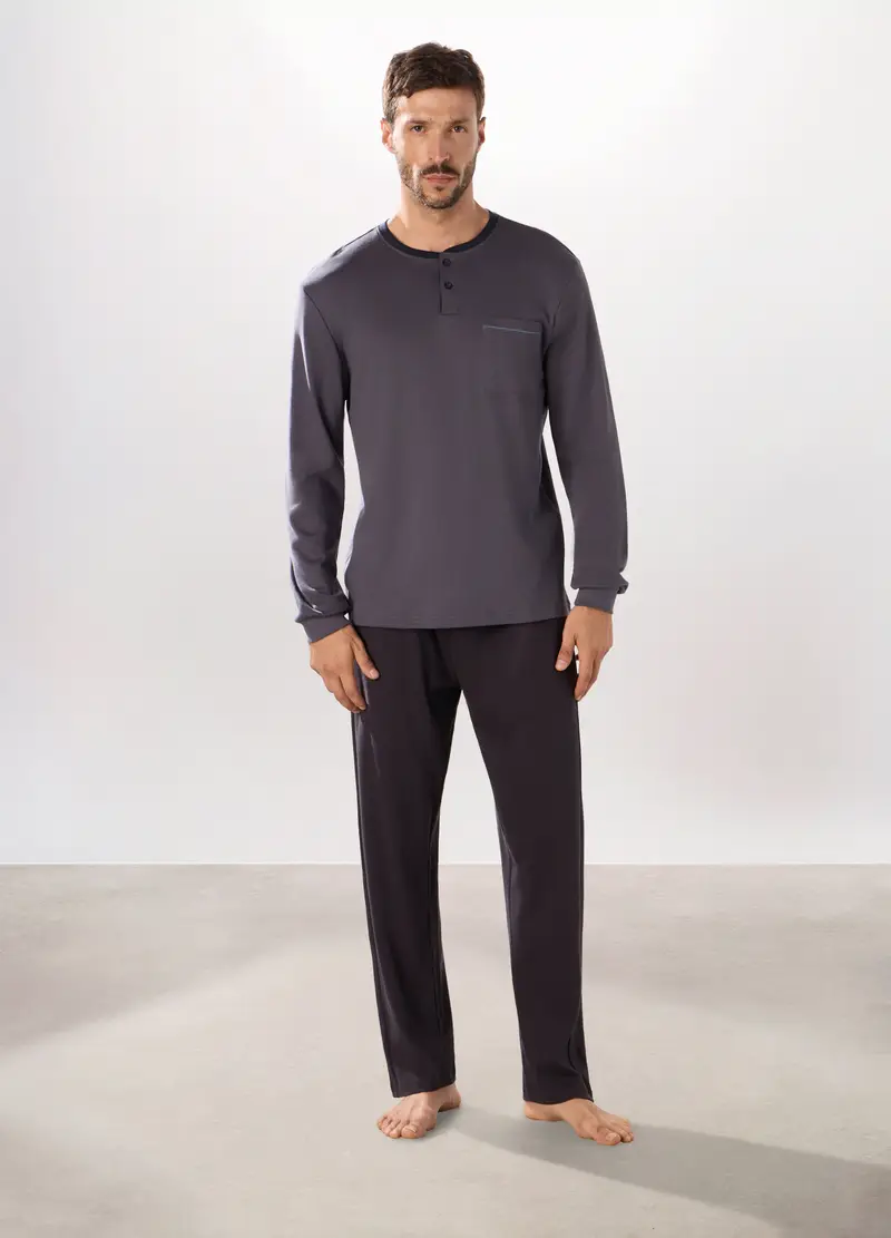 Pigiama Lungo In Puro Cotone Interlock Uomo, Grigio antracite