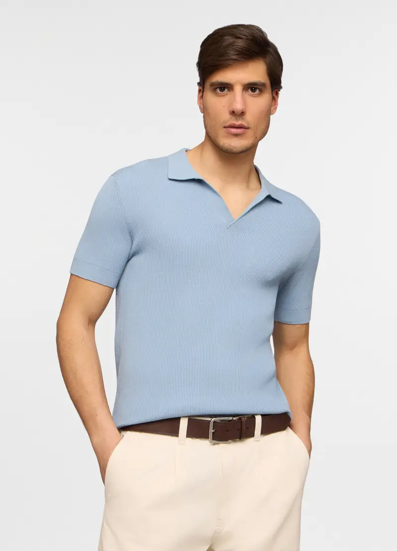 Polo A Maniche Corte A Costine In Cotone Uomo, Azzurro celeste