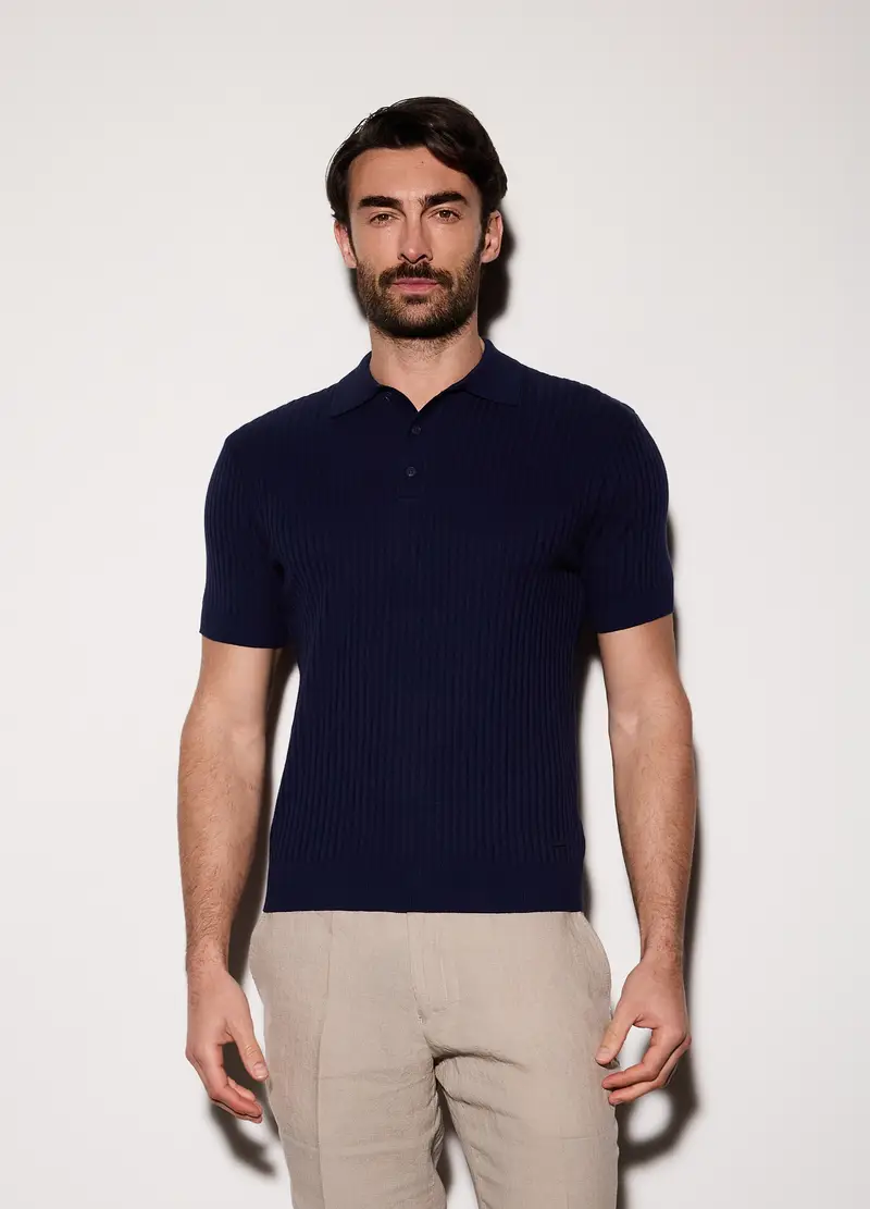 Polo A Maniche Corte In Cotone A Coste Uomo, Blu Notte