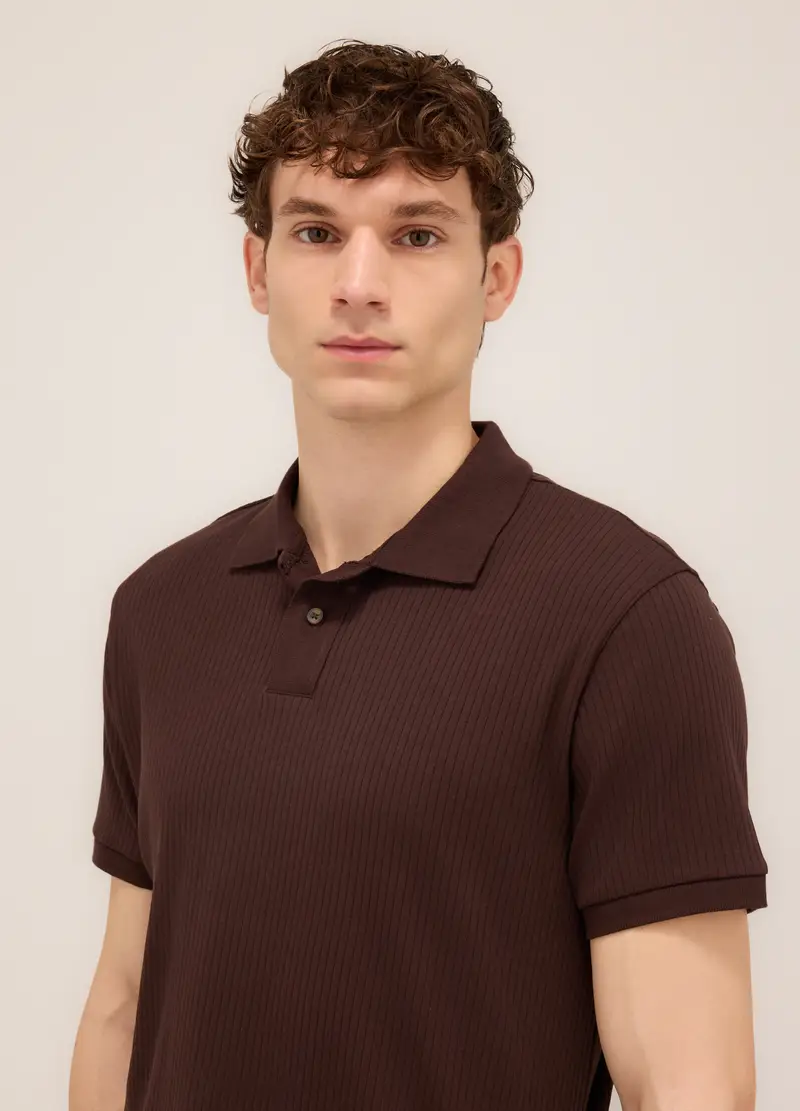 Polo A Maniche Corte In Interlock Di Cotone Stretch Uomo, Marrone cioccolato miniatura 3