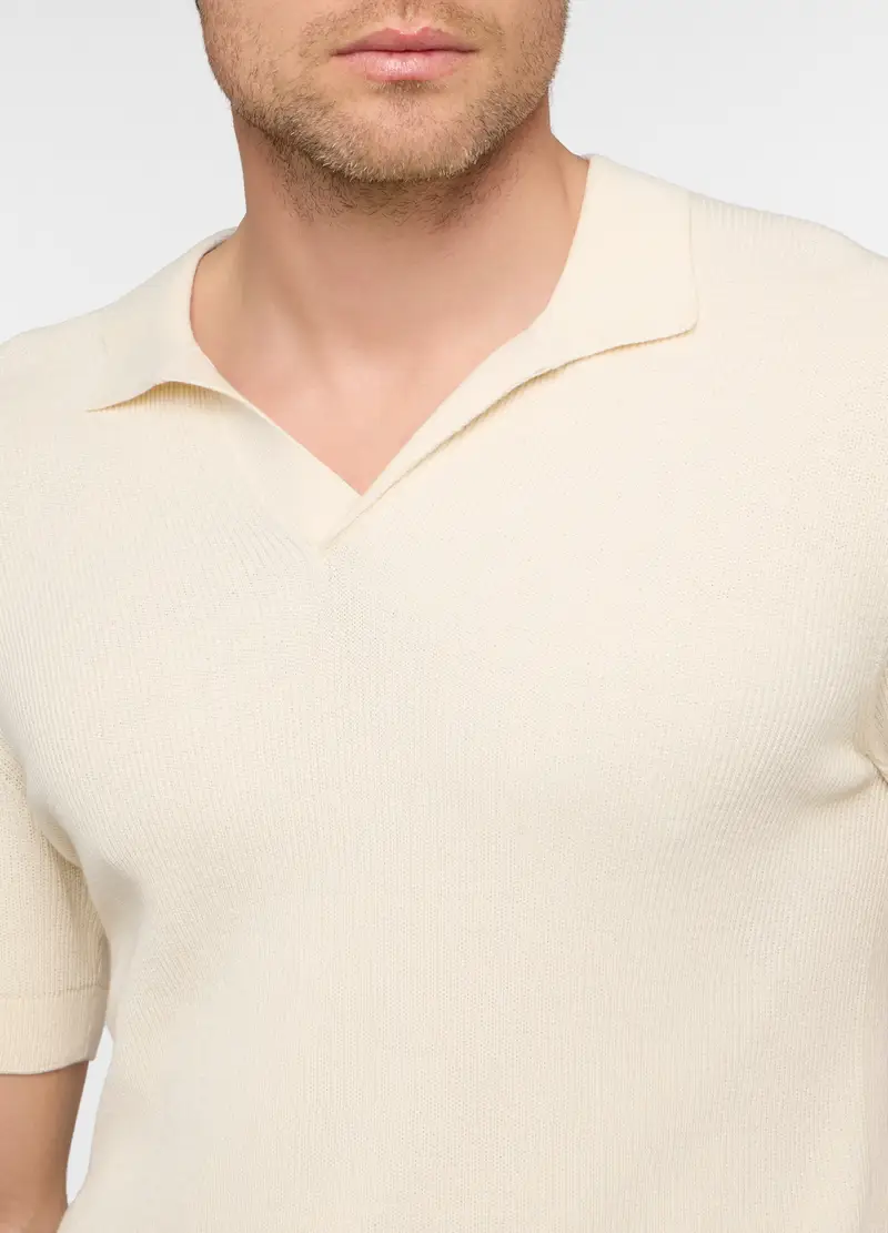 Polo A Maniche Corte In Maglia A Costine Di Cotone Uomo, Bianco avorio miniatura 3