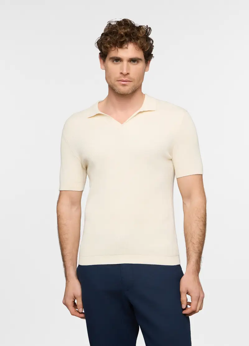 Polo A Maniche Corte In Maglia A Costine Di Cotone Uomo, Bianco avorio
