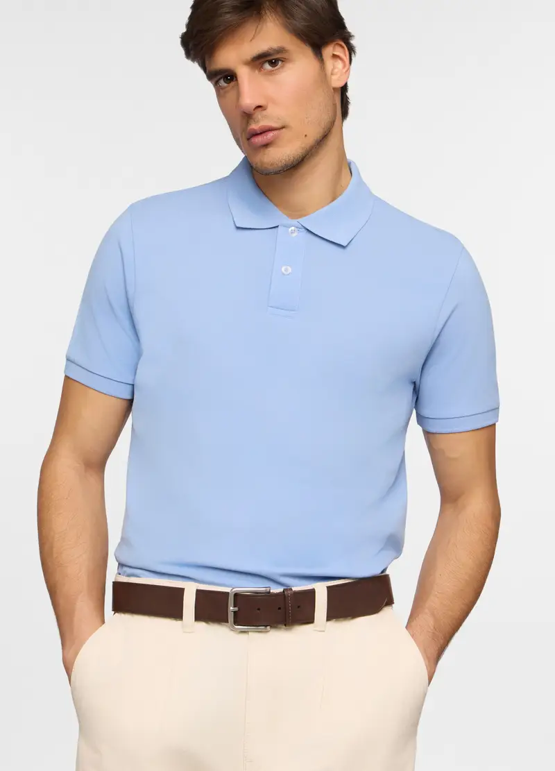 Polo A Maniche Corte In Piquet Di Cotone Uomo, Azzurro celeste