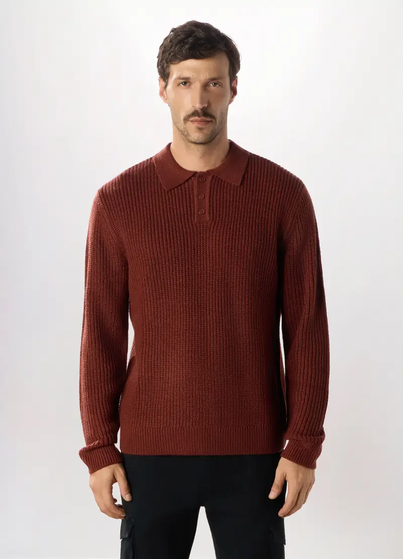 Polo A Maniche Lunghe A Costa Inglese Uomo, Marrone cognac