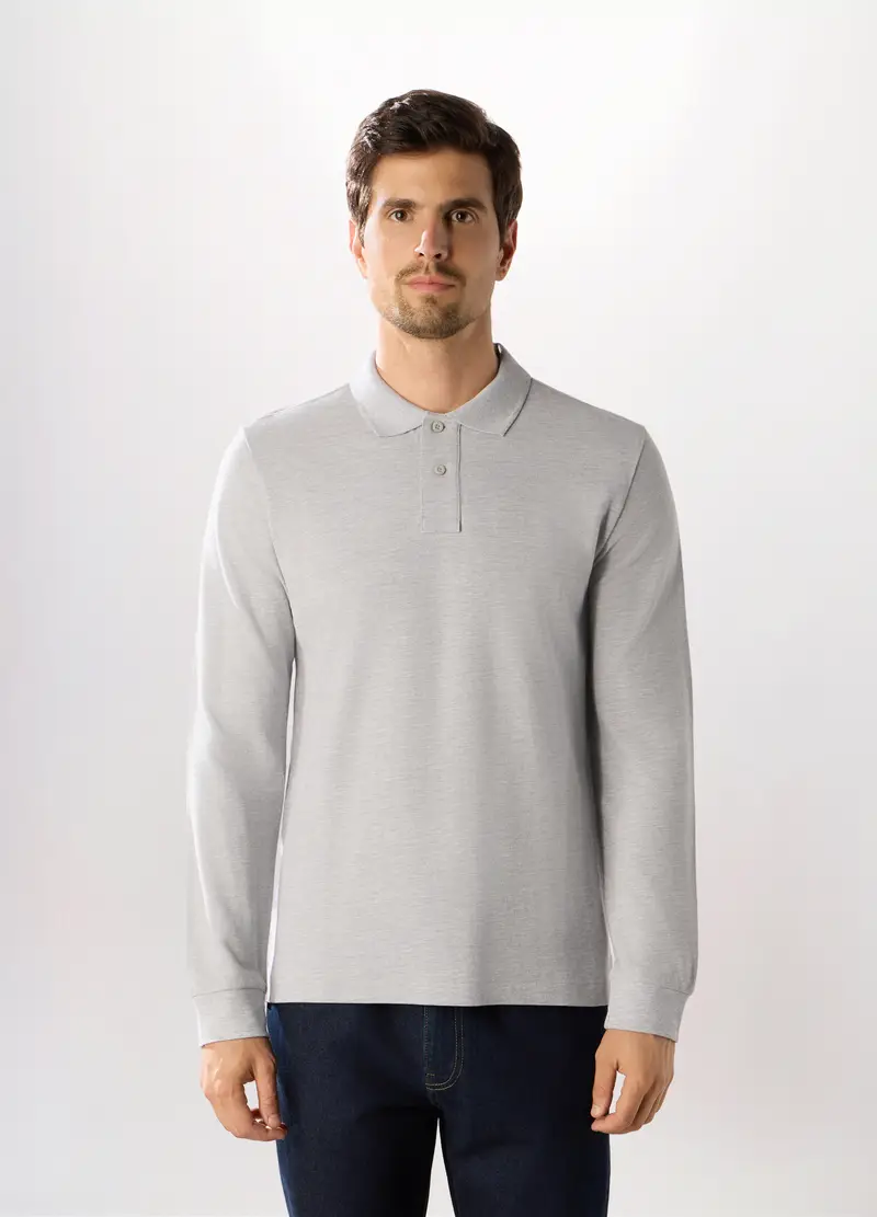Polo A Maniche Lunghe In Cotone Piquet Uomo, Grigio chiaro melange