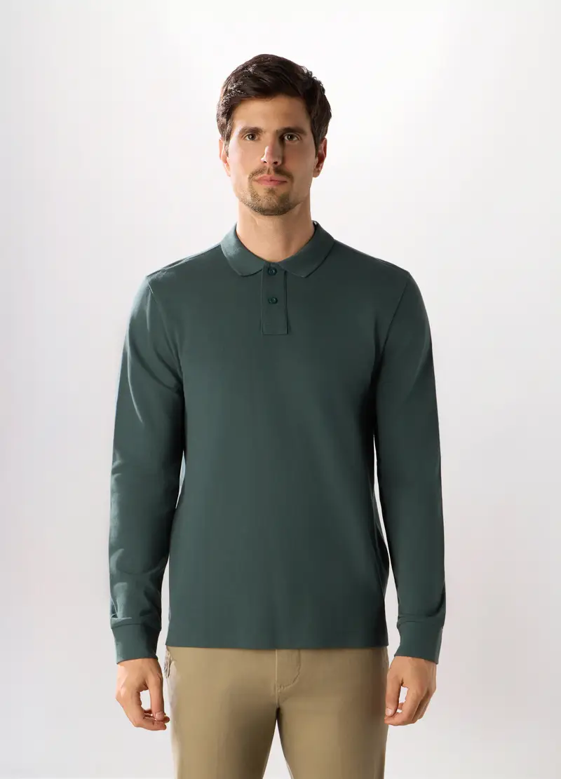 Polo A Maniche Lunghe In Cotone Piquet Uomo, Verde antracite