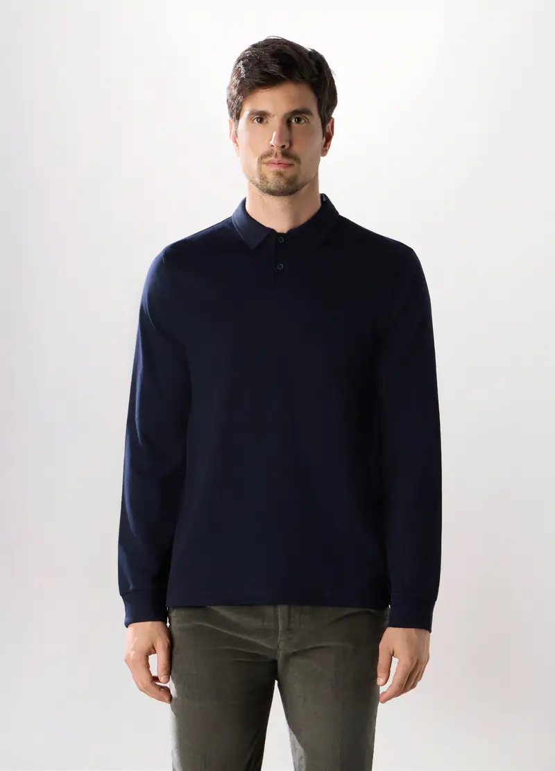 Polo A Maniche Lunghe In Interlock Di Cotone, Uomo, Blu navy