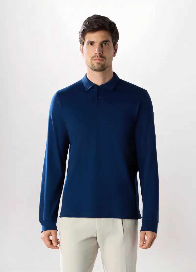 Polo A Maniche Lunghe In Interlock Di Cotone, Uomo, Blu royal