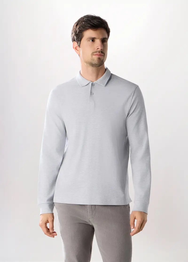 Polo A Maniche Lunghe In Interlock Di Cotone, Uomo, Grigio chiaro melange