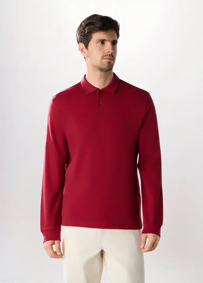 Polo A Maniche Lunghe In Interlock Di Cotone, Uomo, Rosso ravanello