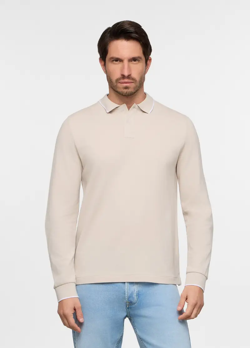 Polo A Maniche Lunghe In Piquet Di Cotone Uomo, Beige chiaro
