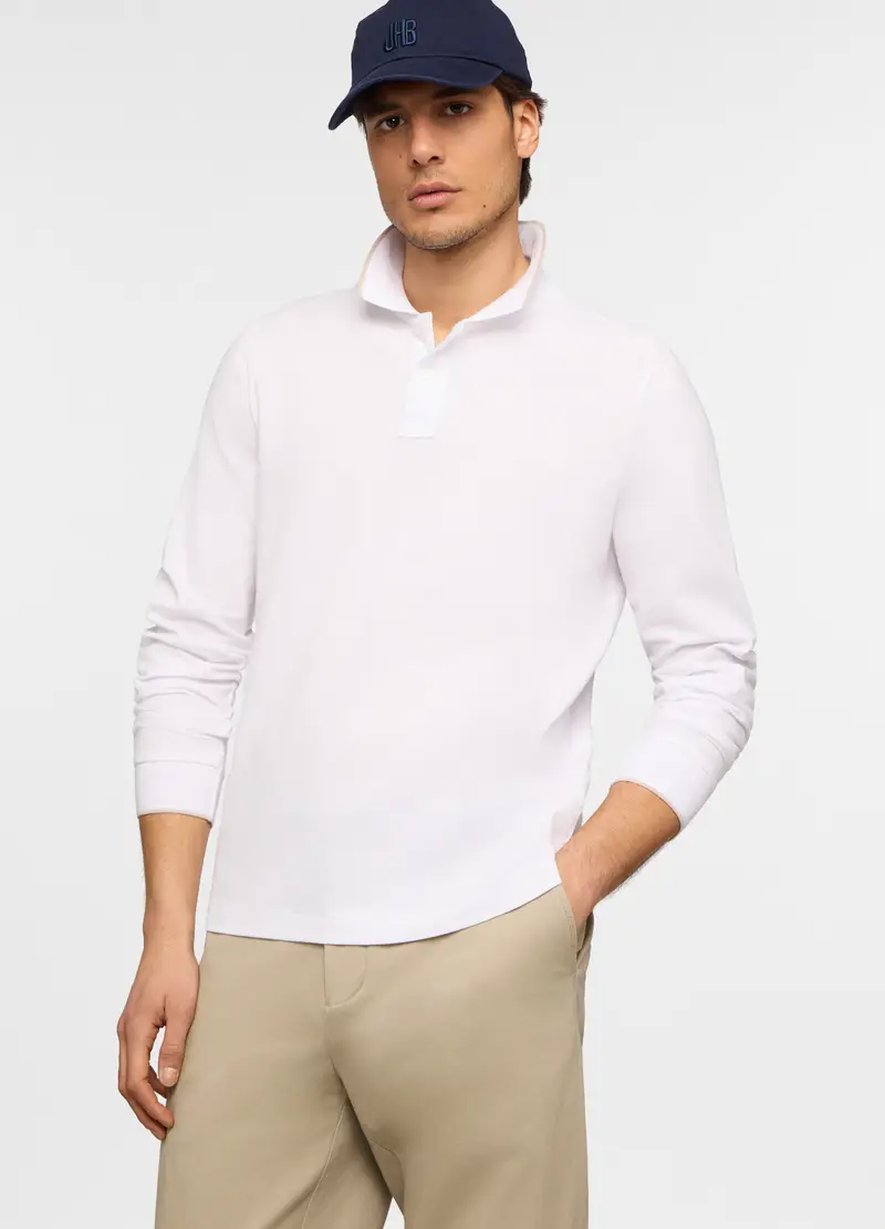 Polo A Maniche Lunghe In Piquet Di Cotone Uomo, Bianco ottico