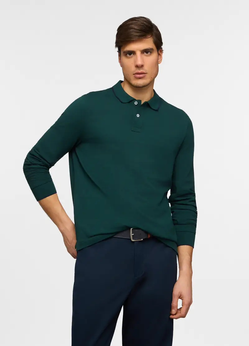 Polo A Maniche Lunghe In Piquet Di Cotone Uomo, Verde bosco