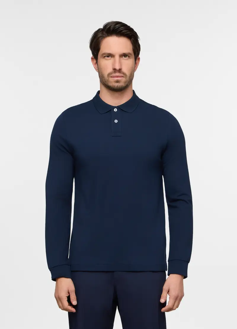 Polo A Maniche Lunghe In Piquet Tinta Unita Uomo, Blu scuro