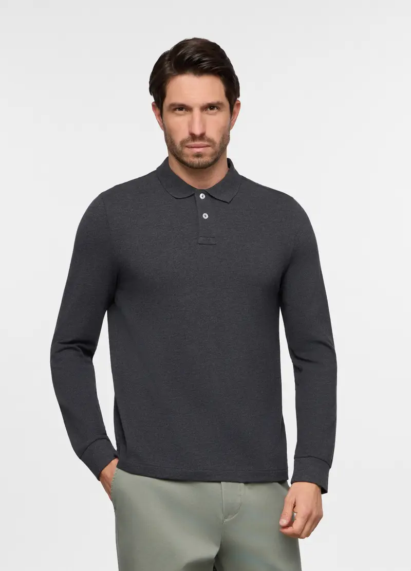 Polo A Maniche Lunghe In Piquet Tinta Unita Uomo, Grigio scuro