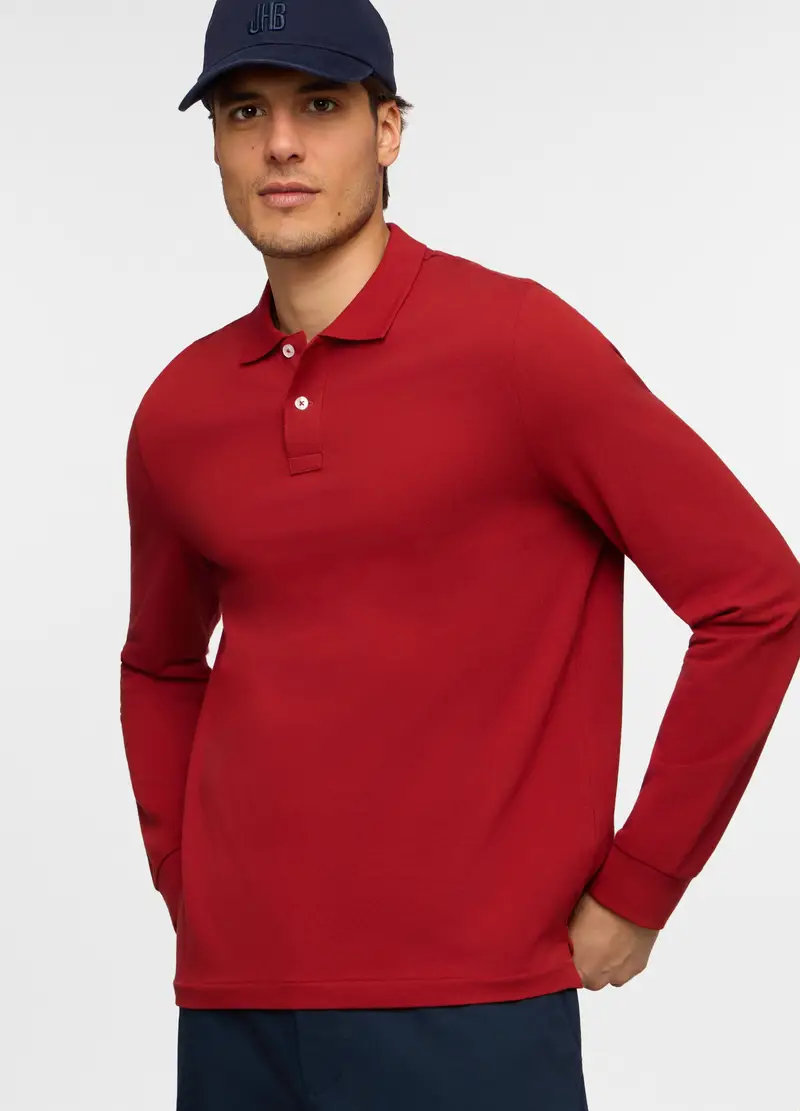 Polo A Maniche Lunghe In Piquet Tinta Unita Uomo, Rosso geranio