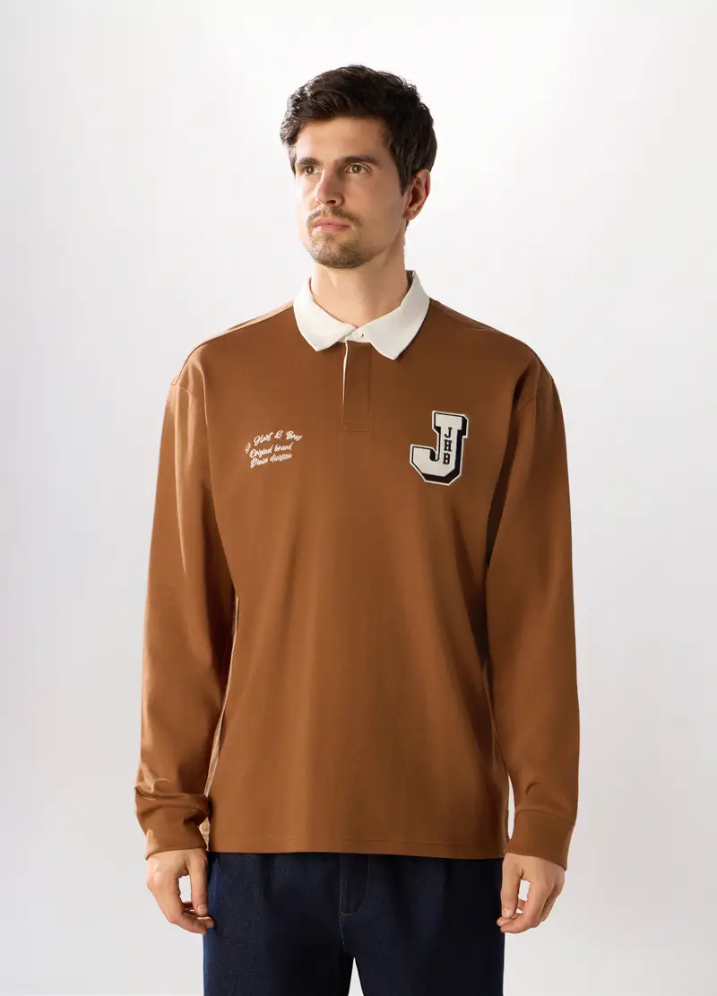 Polo A Maniche Lunghe In Puro Cotone Uomo, Marrone tabacco