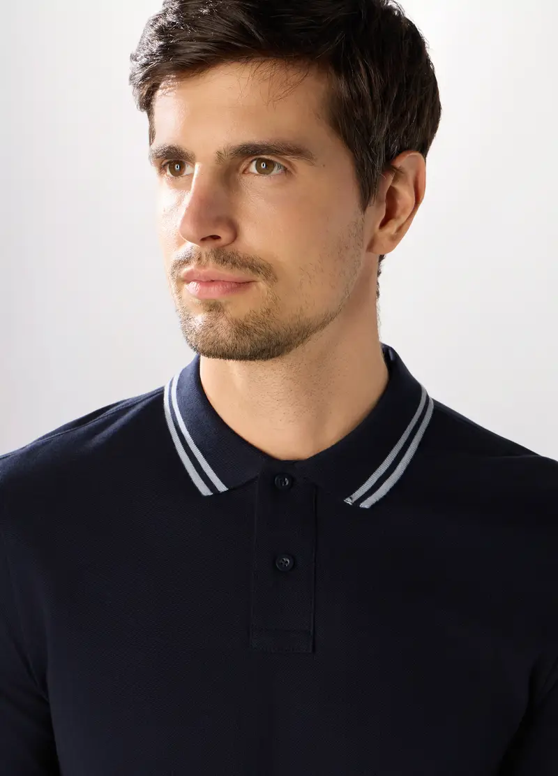 , Polo Con Colletto A Contrasto In Cotone Piquet Uomo, Blu scuro miniatura 3